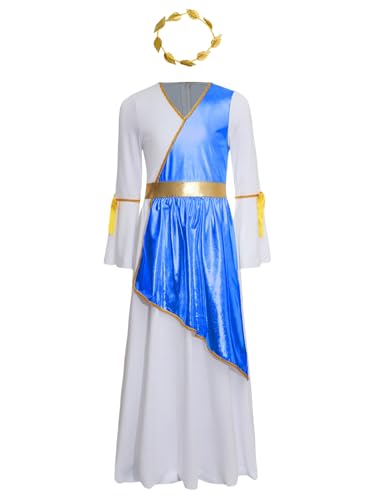 Yruioon Mädchen Griechische Göttin Kleid Antike Römische Kleid mit Lorbeerkranz Langarm Prinzessin Kleid Halloween Karneval Fasching Partykleid Royal Blau 122-128 von Yruioon