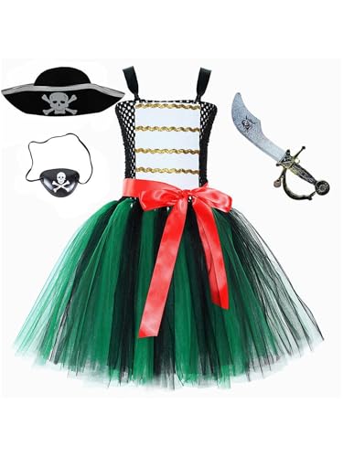 Yruioon Mädchen Piraten Kleid Gothic Prinzessin Tutu Kleid mit Zubehör Kinder Piraten Kostüm Halloween Karneval Fasching Partykleid Grün 128-134 von Yruioon