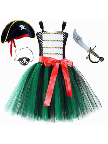 Yruioon Mädchen Piraten Kleid Gothic Prinzessin Tutu Kleid mit Zubehör Kinder Piraten Kostüm Halloween Karneval Fasching Partykleid Schwarz Grün 104-110 von Yruioon
