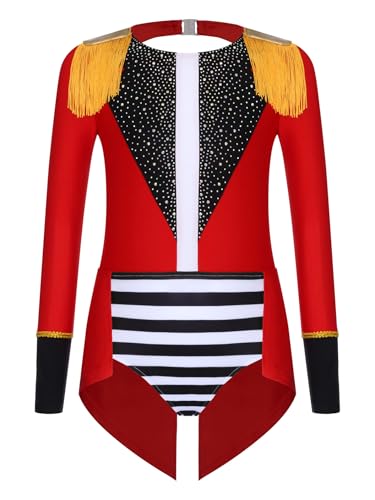 Yruioon Mädchen Zirkus Kostüm Zirkusdirektor Uniform Glitzer Body Overall Langarm Tanzbody Halloween Weihnachten Karneval Tanzkostüm Rot 170 von Yruioon