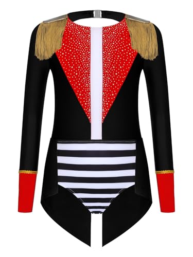 Yruioon Mädchen Zirkus Kostüm Zirkusdirektor Uniform Glitzer Body Overall Langarm Tanzbody Halloween Weihnachten Karneval Tanzkostüm Schwarz 146-152 von Yruioon