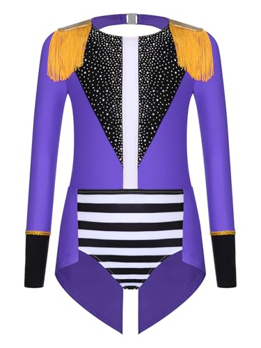 Yruioon Mädchen Zirkus Kostüm Zirkusdirektor Uniform Glitzer Body Overall Langarm Tanzbody Halloween Weihnachten Karneval Tanzkostüm Violett 134-140 von Yruioon