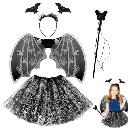 Halloween Kostüm Kinder, 4 Stück Fledermaus Kostüm Set mit Haareif Tutu Rock Flügel und Zauberstab Hexenkostüm Cosplay Kostüms Halloween Karneval Fasching Party Bekleidung Tüllrock für Kinder Halloween Kostüm Kinder, 4 Stück Fledermaus Kostüm Set mit Haareif Tutu Rock Flügel und Zauberstab Hexenkostüm Cosplay Kostüms Halloween Karneval Fasching Party Bekleidung Tüllrock für Kinder von YskerrigToy