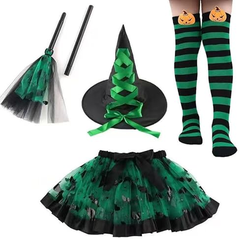Hexenkostüm Mädchen, Halloween Kostüm mit Tüllrock Hexenhut Kniestrümpfe und Zauberstab Hexe Kostüms Cosplay Hexe Mädchen Tutu Kleid Karneval Party Bekleidung für Halloween Karneval (Grün) von YskerrigToy