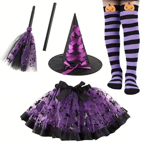 Hexenkostüm Mädchen, Halloween Kostüm mit Tüllrock Hexenhut Kniestrümpfe und Zauberstab Hexe Kostüms Cosplay Hexe Mädchen Tutu Kleid Karneval Party Bekleidung für Halloween Karneval (Lila) von YskerrigToy