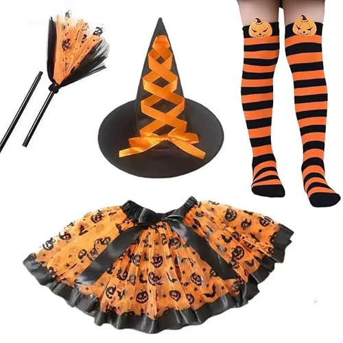 Hexenkostüm Mädchen, Halloween Kostüm mit Tüllrock Hexenhut Kniestrümpfe und Zauberstab Hexe Kostüms Cosplay Hexe Mädchen Tutu Kleid Karneval Party Bekleidung für Halloween Karneval (Orange) von YskerrigToy