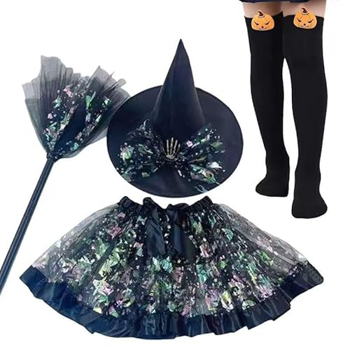 Hexenkostüm Mädchen, Halloween Kostüm mit Tüllrock Hexenhut Kniestrümpfe und Zauberstab Hexe Kostüms Cosplay Hexe Mädchen Tutu Kleid Karneval Party Bekleidung für Halloween Karneval (Schwarz) von YskerrigToy