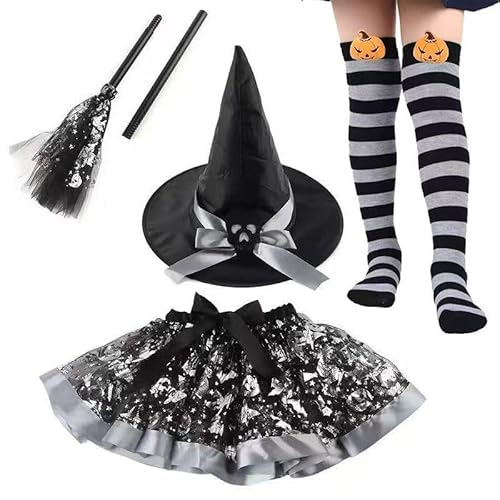 Hexenkostüm Mädchen, Halloween Kostüm mit Tüllrock Hexenhut Kniestrümpfe und Zauberstab Hexe Kostüms Cosplay Hexe Mädchen Tutu Kleid Karneval Party Bekleidung für Halloween Karneval (Silber) von YskerrigToy