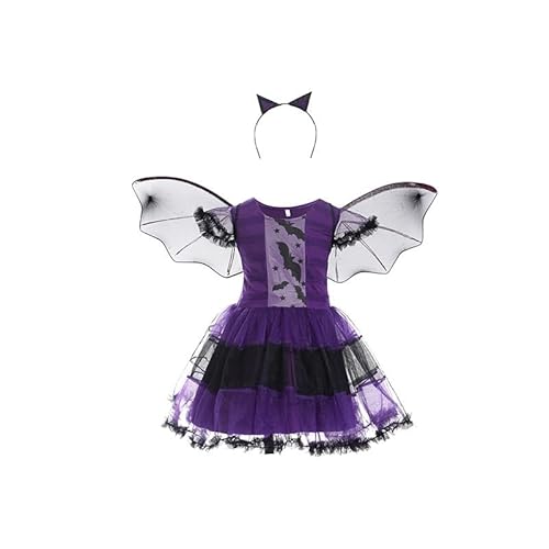 YskerrigToy Halloween Kostüm Mädchen, 4PCS Fledermaus Kostüm Set mit Kleid Haareif Flügel und Tragetasche Cosplay Hexe Mädchen Tutu Kleid Fledermaus Vampir Kostüms für Halloween Karneval (120CM) YskerrigToy Halloween Kostüm Mädchen, 4PCS Fledermaus Kostüm Set mit Kleid Haareif Flügel und Tragetasche Cosplay Hexe Mädchen Tutu Kleid Fledermaus Vampir Kostüms für Halloween Karneval (120CM) von YskerrigToy