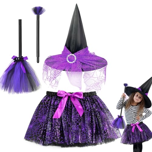 YskerrigToy Hexenkostüm Mädchen, Halloween Kostüm mit Tüllrock Hexenhut und Zauberstab Hexe Kostüms Cosplay Hexe Mädchen Tutu Kleid Karneval Party Bekleidung für Halloween Karneval (Lila) von YskerrigToy