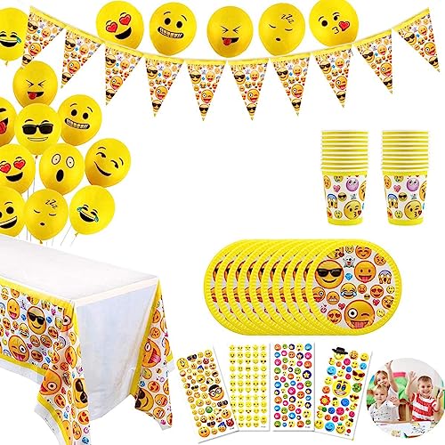 YuChiSX Emoji Party Set für Kindergeburtstag Partydekoration Emoji Geburtstagsfeier Zubehör - Pappteller, Banner, Becher/Tassen, Partytüten, Aufkleber & Tischdecken Smiley, Emoticon Partyset von YuChiSX