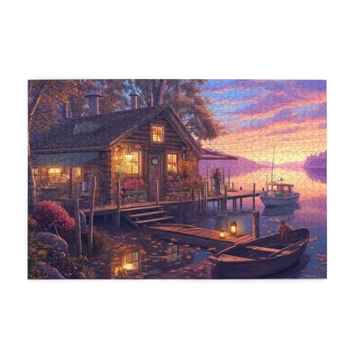 Puzzle Sonnenuntergang Puzzle 1000 Teile, Holzpuzzle Erwachsene Holzhaus 75x50cm Jigsaw Groß, Geschicklichkeitsspiel für Ganze Familie Erholung und Entspannung, Jigsaw Geschenke für Home Decor p-1128 von Yuammgxi