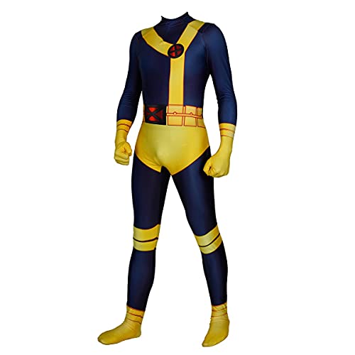 Superhelden-Cyclops Cosplay Kostüm für Herren Halloween Full Set Bodys Zentai 3D Stil Jumpsuit (Erwachsene, L, blau, gelb) von Xyjrnjvh