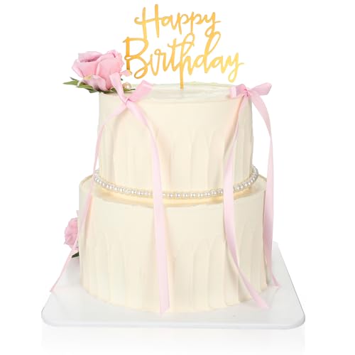 Yuanchu 13 Stück Kuchendekoration mit Schleife, Rosa Bogen Torten Deko mit Happy Birthday Schild Hochzeitstorte Deko Geburtstag Cake Topper Schleifenband Tortenaufleger(Rosa) von Yuanchu