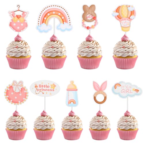 Yuanchu 36 Stück Babyparty Tortendeko Taufe Mädchen,Baby Girl Cupcake Topper Baby Shower Tortendeko Gender Reveal Party Torten Deko Rosa Muffin Deko(Mädchen) von Yuanchu