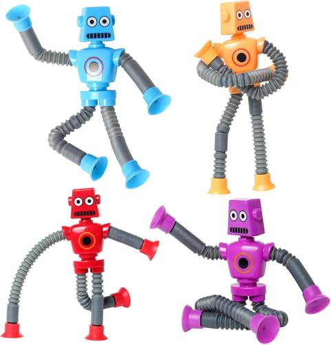 Yuandream Teleskop-Saugnapf Roboter Spielzeug, 4 Stück Sensorisches Roboter Tubes, Pädagogisches Stressabbau-Spielzeug für Kinder, Partygeschenke für Jungen und Mädchen von Yuandream