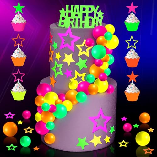 Neon Cake Topper Glow Cake Toppers Balls Glow in the Dark Birthday Cake Decorations Neon Star Ball Cupcake Toppers for Birthday Wedding Black Light Reactive Party Supplies von Yuanjkacenys
