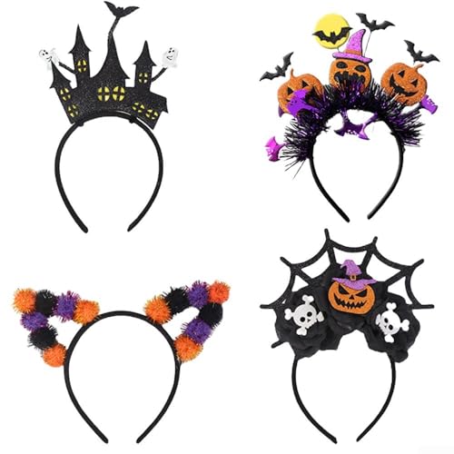Yuanpgky Halloween Stirnband 4er Set mit lustigen Kürbis- und Geistermotiven, bequeme Stretch-Passform für Erwachsene und Kinder, langlebiges Vlies und Kunststoff (B) von Yuanpgky