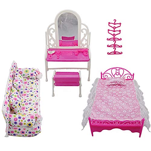 Yudanny 8 Stück/Set Prinzessin Möbel Zubehör Geschenk Kommode Set + Sofa + Bett Set + Kleiderbügel für Schlafzimmer Barbie Puppe von Yudanny