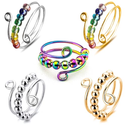 5 Stück Anxiety Ring Fidget Spielzeug,Fidget Stress Verstellbare Spinner Erwachsene Offene Anti Stress Ring für Damen Stressabbau Perlen Finger,für Bunt Perle Stimmungsring Angststörung Beruhigendes 5 Stück Anxiety Ring Fidget Spielzeug,Fidget Stress Verstellbare Spinner Erwachsene Offene Anti Stress Ring für Damen Stressabbau Perlen Finger,für Bunt Perle Stimmungsring Angststörung Beruhigendes von YueJieSelected