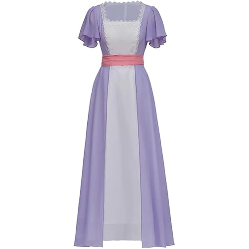 Mittelalterliches Hexenkleid für Damen, Chiffon, gerüschtes Maxikleid, hohe elastische Taille, Halloween-Cosplay-Kostüm mit Gürtel Katze Cosplay Kostüm Kätzchen Schwanz Ohren (Light Purple, XXXL) von YueYue