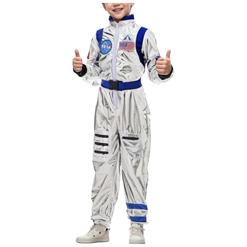 YueYue Astronaut Kostüm Kinder Weltraum Karneval Kostüm Space Jungen Mädchen Astronauten Silver Jumpsuit Overall Cosplay Kostüm Verkleidung Metallic Faschingskostüme Kinder Raumanzug(Blue, 130) von YueYue