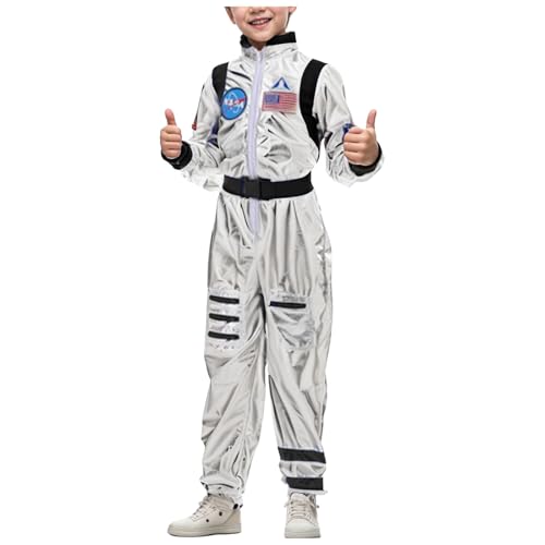 YueYue Astronaut Kostüm Kinder Weltraum Karneval Kostüm Space Jungen Mädchen Astronauten Silver Jumpsuit Overall Cosplay Kostüm Verkleidung Metallic Faschingskostüme Kinder Raumanzug(Grey, 120) von YueYue