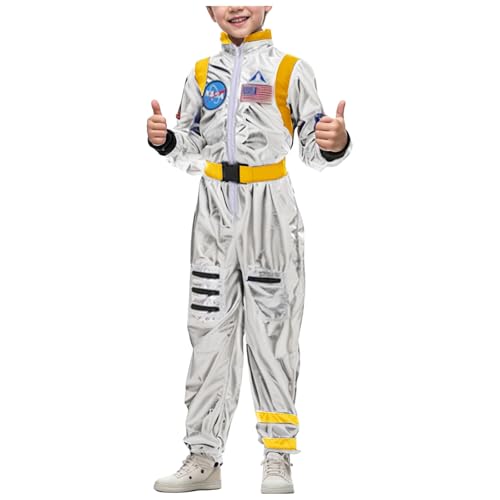 YueYue Astronaut Kostüm Kinder Weltraum Karneval Kostüm Space Jungen Mädchen Astronauten Silver Jumpsuit Overall Cosplay Kostüm Verkleidung Metallic Faschingskostüme Kinder Raumanzug(Yellow, 140) von YueYue