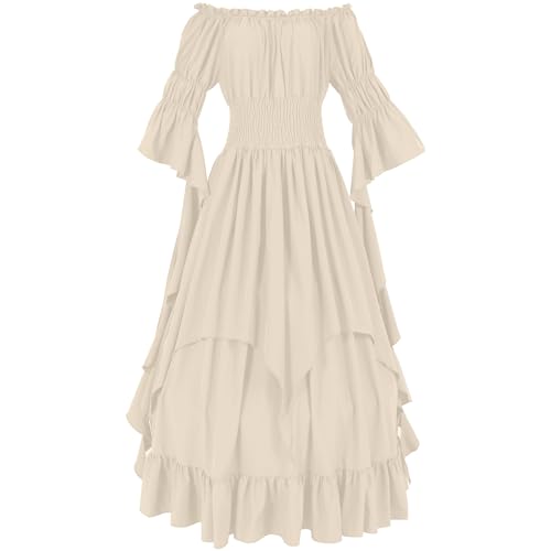 YueYue Damen Mittelalter Kostüm Rock Fee Kleid Cosplay Retro Kleid Weibliche Kostüme Cosplay (Beige, L) von YueYue