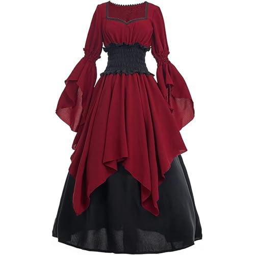 YueYue Damen Mittelalterliches Hexenkleid mit Rüschen, Maxikleid, hohe elastische Taille, Halloween, Cosplay-Kostüm Cosplay-Kostümkleid (M) von YueYue