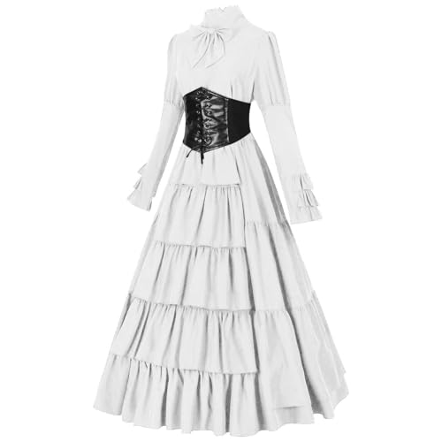 YueYue Damenkleid Mittelalterkostüm Traditionelles irisches Kleid Langes Kleid Outfit Halloween Kapitän Amerika Cosplay Kostüm (White, XL) von YueYue