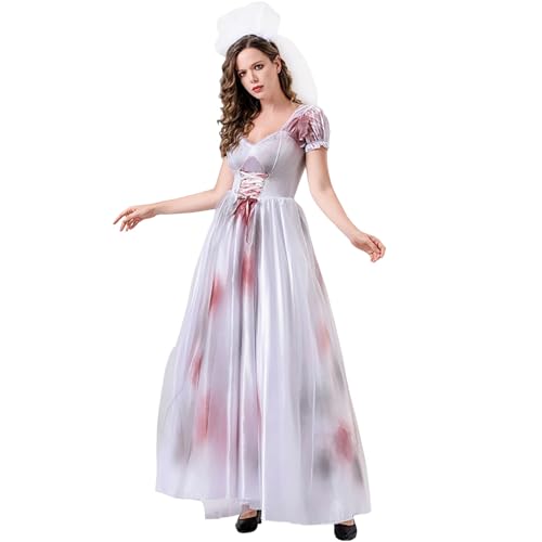 YueYue Halloween-Kostüme für Damen, Braut, Maxikleid in A-Linie, Halloween-Party, ärmellos, Cosplay, schickes, fließendes langes Kleid Kostüm Frauen Cosplay Anime (White, M) von YueYue