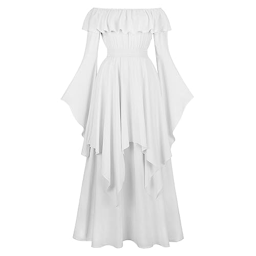 YueYue Langes mittelalterliches Vintage-Kleid für Damen, Rollenspiel-Kostüm, solide Vintage-Robe Dämonentöter Cosplay Kostüm (White, L) von YueYue