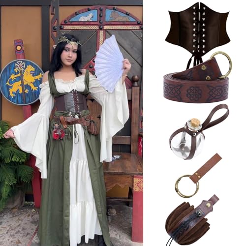 YueYue Mittelalter kleid kleid Damen Mittelalter Kostüm Mittelalterliches Kapuzenkleid-Set für Damen Kapuzenkleid mit Gürtel Vintage-Goldtasche Korsett Kniestrümpfe Cosplay Kostüme (Brown-d, M) von YueYue