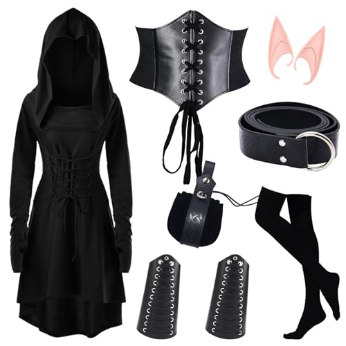 YueYue Mittelalter kleid kleid Damen Mittelalter Kostüm Mittelalterliches Kapuzenkleid-Set für Damen Kapuzenkleid mit Gürtel Vintage-Goldtasche Korsett Kniestrümpfe Cosplay Kostüme (Navy-a, L) von YueYue