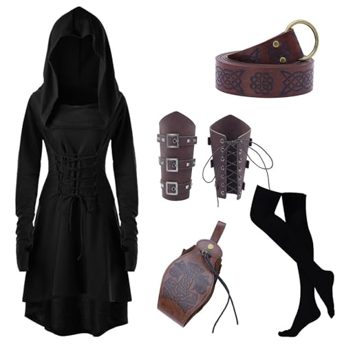 YueYue Mittelalter kleid kleid Damen Mittelalter Kostüm Mittelalterliches Kapuzenkleid-Set für Damen Kapuzenkleid mit Gürtel Vintage-Goldtasche Korsett Kniestrümpfe Cosplay Kostüme (Navy-b, XXL) von YueYue