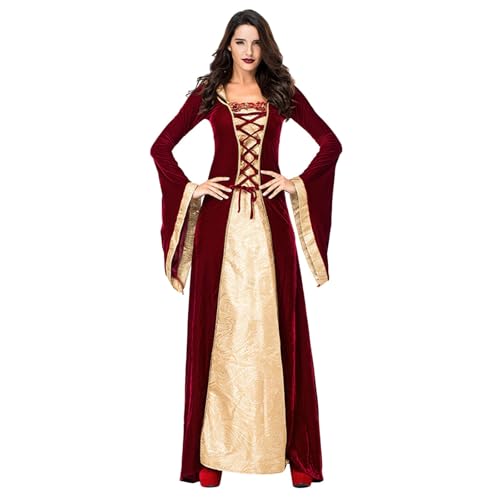 YueYue Weinrotes Partykleid für Damen, Halloween, mit breiten Bündchen, besticktes Muster, Jacquard, Zauberer, langes Kleid Sternenfeuer-Cosplay-Kostüm (XL) von YueYue
