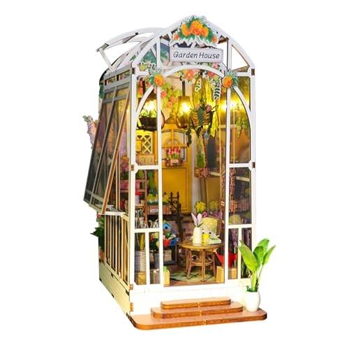 Book Nook Kits für Erwachsene Gartenhaus DIY Miniaturhaus Kit mit LED-Licht 3D Puzzle Bücherregal Buchstützen Dekor Miniatur Puppenhaus Kit Geschenk für Mädchen Frauen von Yuehuamech