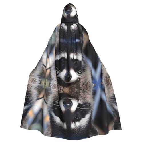 Yugtaee Little Raccoon Face Bedruckter Halloween-Umhang mit Kapuze für Erwachsene, für Rollenspiele, Bühnenkostüme, Partys, pflegeleicht von Yugtaee