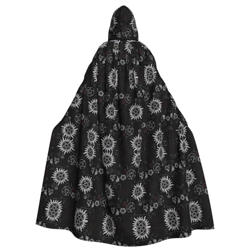Yugtaee Supernatural Symbols schwarzer bedruckter Halloween-Umhang mit Kapuze für Rollenspiele, Bühnenkostüme, Partys, pflegeleicht von Yugtaee
