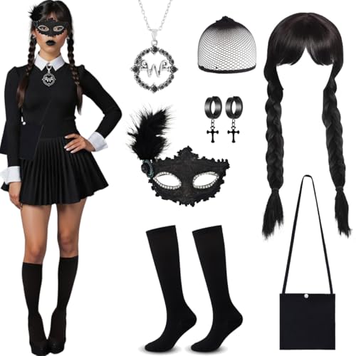 YuhoWon 7 Stück Halloween Kostüm Kinder Damen, Wednesday Gothic Cosplay Zubehör Set mit Perücke, Maske, Halskette, Ohrringe, Tasche & Socken für Karneval YuhoWon 7 Stück Halloween Kostüm Kinder Damen, Wednesday Gothic Cosplay Zubehör Set mit Perücke, Maske, Halskette, Ohrringe, Tasche & Socken für Karneval von YuhoWon