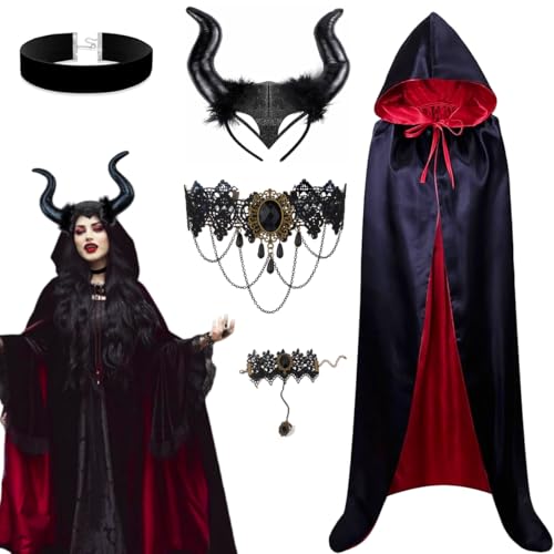 YuhoWon Halloween Maleficent Kostüm Damen, Karneval Gothic Teufel Kostüm Dämonen Hörner mit Umhang, Choker, Halsketten & Armband, Schwarze YuhoWon Halloween Maleficent Kostüm Damen, Karneval Gothic Teufel Kostüm Dämonen Hörner mit Umhang, Choker, Halsketten & Armband, Schwarze von YuhoWon
