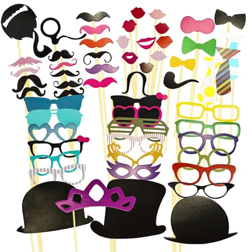 Yuio 58 Stück Foto Requisiten Verkleidung Accessoires, Foto Requisiten Lippen Brille Krawatte Hüte Bärte, Foto Verkleidung mit Sticks und Stickern für Hochzeit Geburtstag Garten Party Jungs Mädchen von Yuio