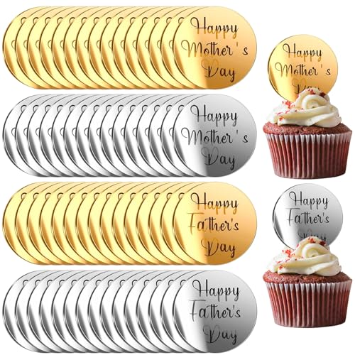 60 Stück Cupcake-Topper "Happy Mother's Day Father's Day", Spiegel-Acryl-Kuchenaufsatz, runde Acryl-Kuchenaufsätze für Mutter, Vater, Muttertag, Vatertag, Geburtstag, Party-Dekoration von YumSur
