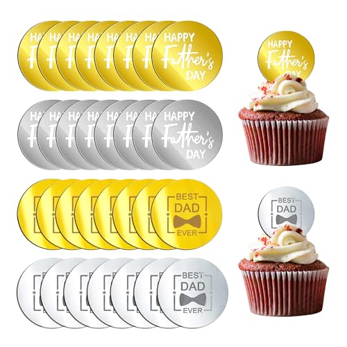 Cupcake-Topper "Happy Father's Day", rund, spiegelnd, graviert, Kuchendekoration, Cupcake-Dekorationen für Geburtstagsparty, 32 Stück Cupcake-Topper "Happy Father's Day", rund, spiegelnd, graviert, Kuchendekoration, Cupcake-Dekorationen für Geburtstagsparty, 32 Stück von YumSur