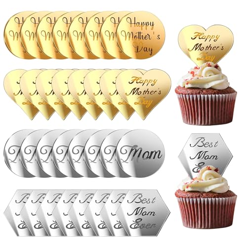 Cupcake-Topper "Happy Mother's Day", rund, spiegelnd, graviert, Cupcake-Dekorationen für Geburtstagsparty, 32 Stück von YumSur
