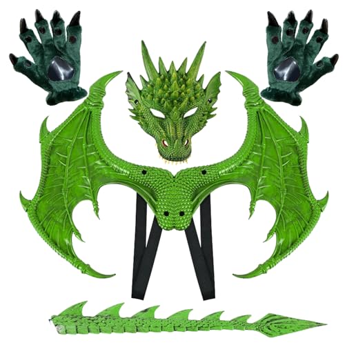 Yummiman Dragon Wings Tail Claw Mask Costume Set Halloween Maskerade Cosplay Costumes, Grün , Medium von Yummiman