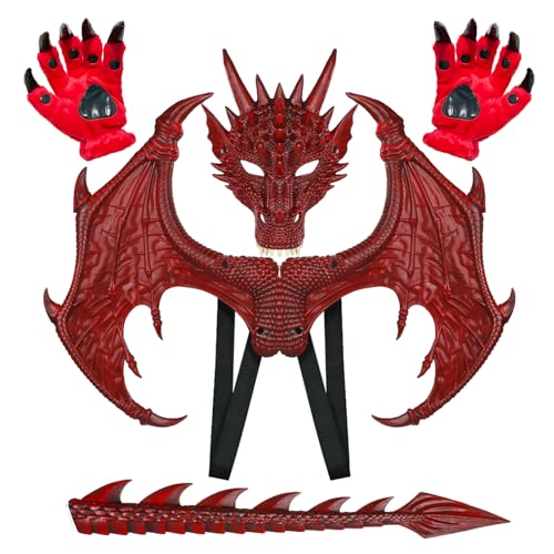 Yummiman Dragon Wings Tail Claw Mask Costume Set Halloween Maskerade Cosplay Costumes, Rot/Ausflug, einfarbig (Getaway Solids), Medium von Yummiman