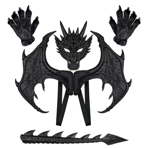 Yummiman Dragon Wings Tail Claw Mask Costume Set Halloween Maskerade Cosplay Costumes, Schwarz, Medium von Yummiman