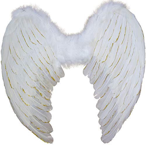 Yummy Bee - Engel Flügel - Halloween Schwarzer Engel - Flügel Federn mit Glitzer - Damen Kostüm - Größ (Weiß-Goldenem Glitzer) von Yummy Bee